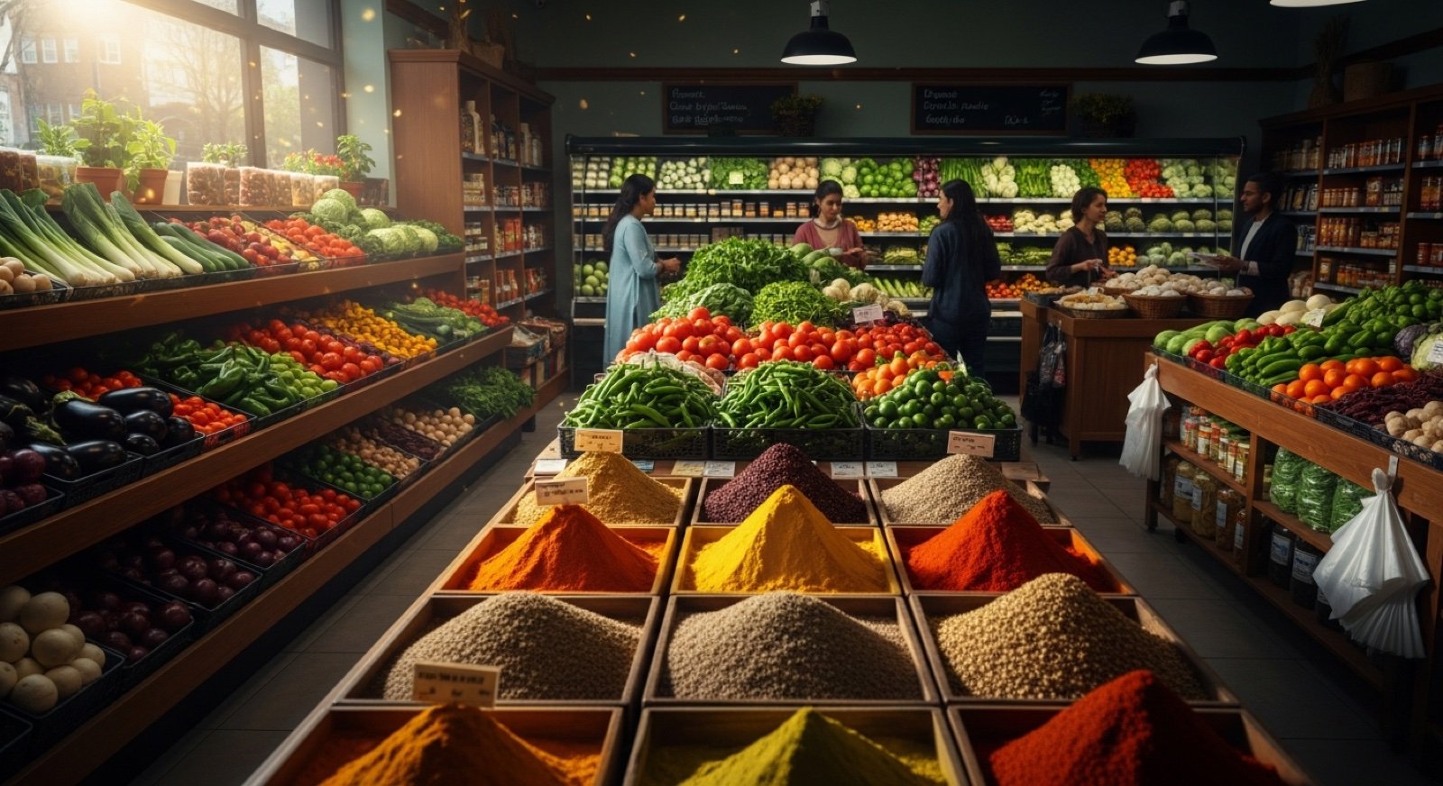 Shelves of grains, pulses and household provisions inside the store